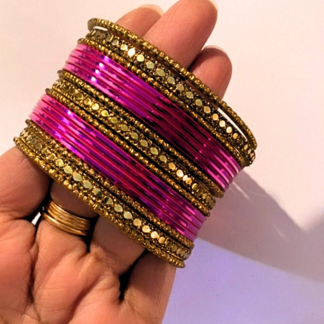 8.5" Gift Box Hot pink India wedding Bangles multi-colored glass gold glitter temple colorful elegant Indian sparkle bangle free shipping