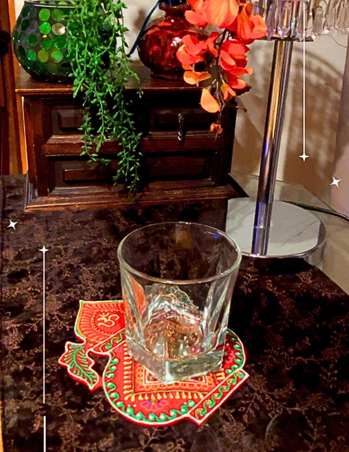 Handmade Indian temple inspired art mural handpainted and lacquered anti-slip large coaster