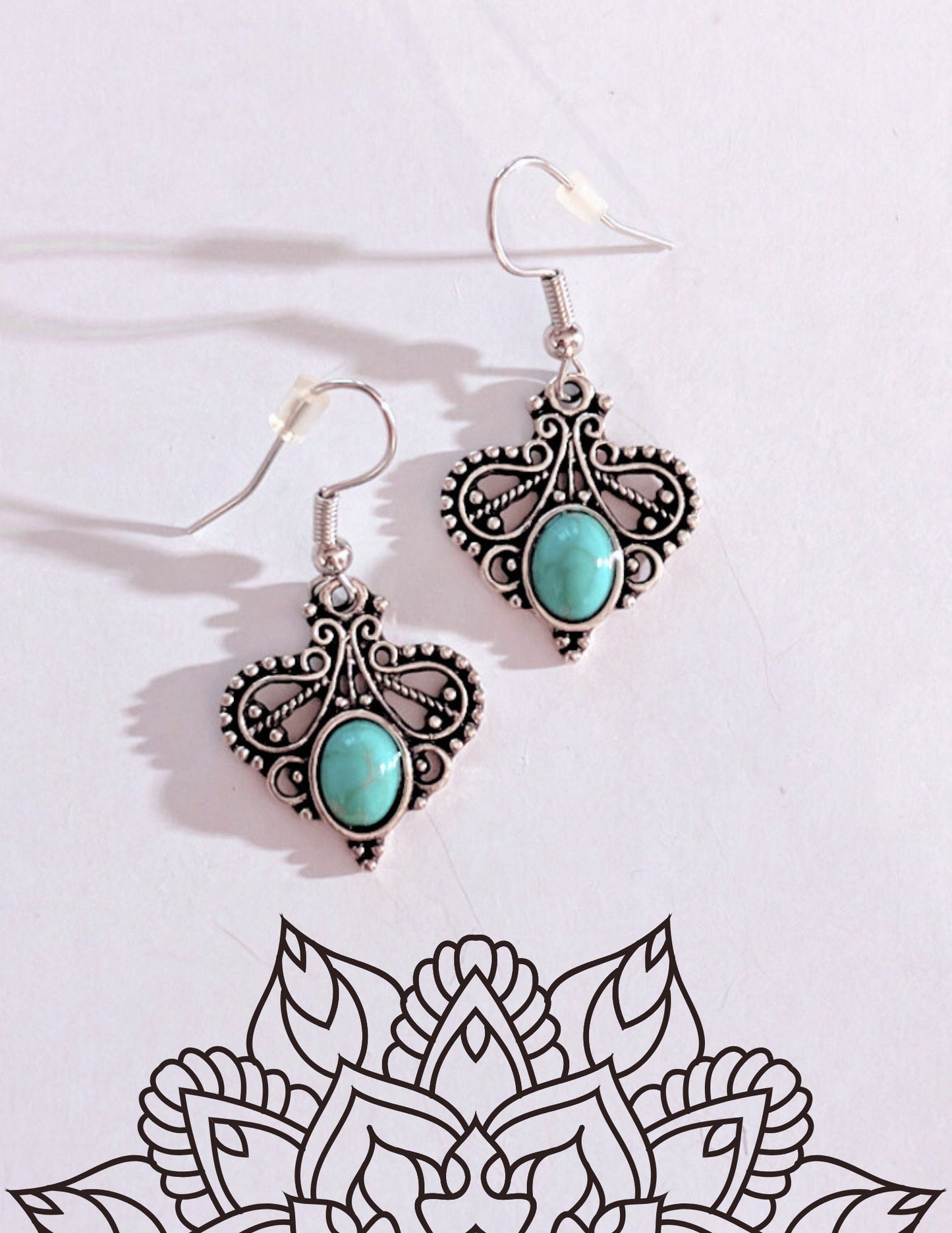 Handmade Vintage antique faux silver Turquoise Gemstone opal blue green stone ornamental Bohemian Hippie crystal Rustic earrings free gift