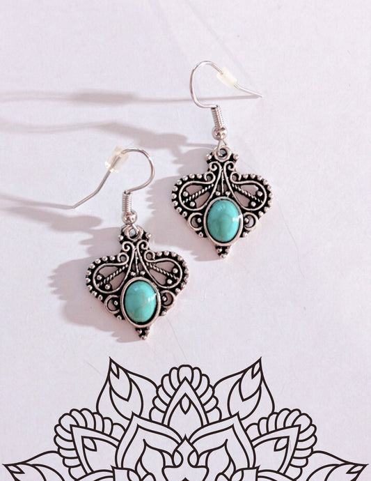 Handmade Vintage antique faux silver Turquoise Gemstone opal blue green stone ornamental Bohemian Hippie crystal Rustic earrings free gift