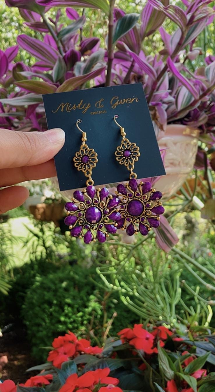 Arabian Nights royal purple stone crystal mandala dangle lotus flower earrings in antique gold bronze