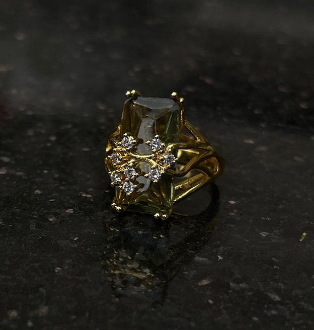 Fortune Teller Yellow gold olive green gemstone diamond rectangle stone crystal gypsy tribal hippie stacking ring floral vine costume jewel