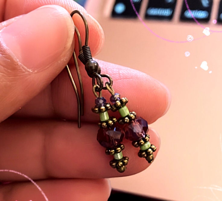 Tiny charmed minimalist earthy bronze green and dusty rose boho pendant bead earrings
