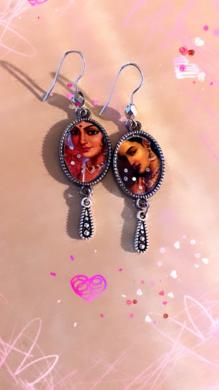 Handmade Raja Ravi Indian Painting Photo Faux Silver Red Print glitter dangle drop minimalist Bohemian India jewelry earrings gift for her