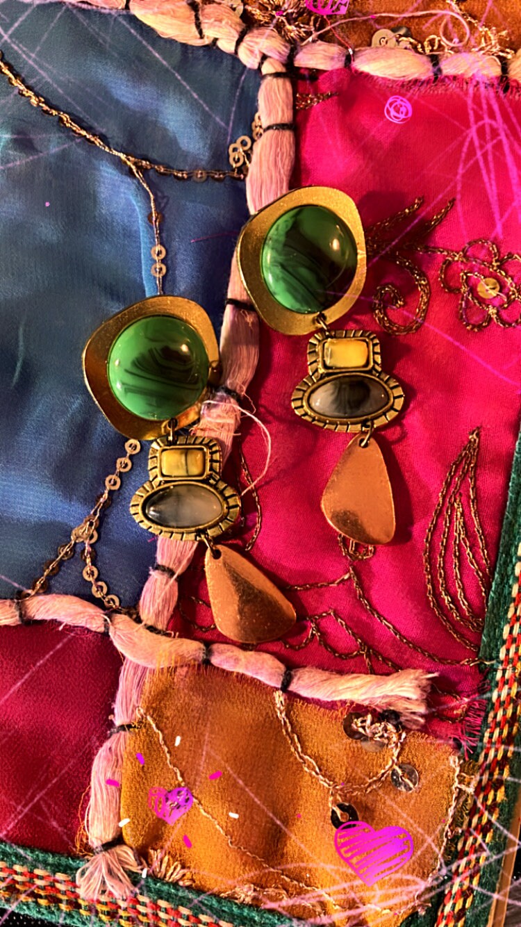Faux rock gemstone brass asymmetrical statement dangle drop earrings gold with malachite stone crystal tribal dancer jewelry for travelers