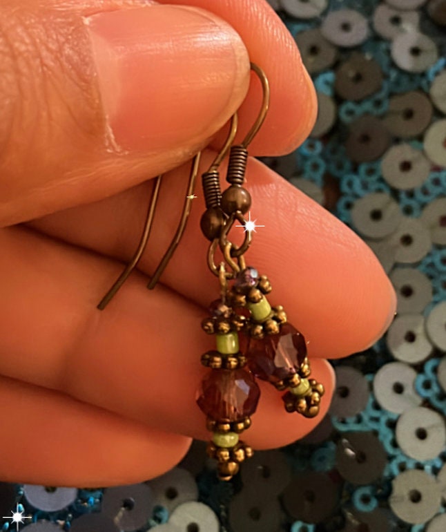 Tiny charmed minimalist earthy bronze green and dusty rose boho pendant bead earrings