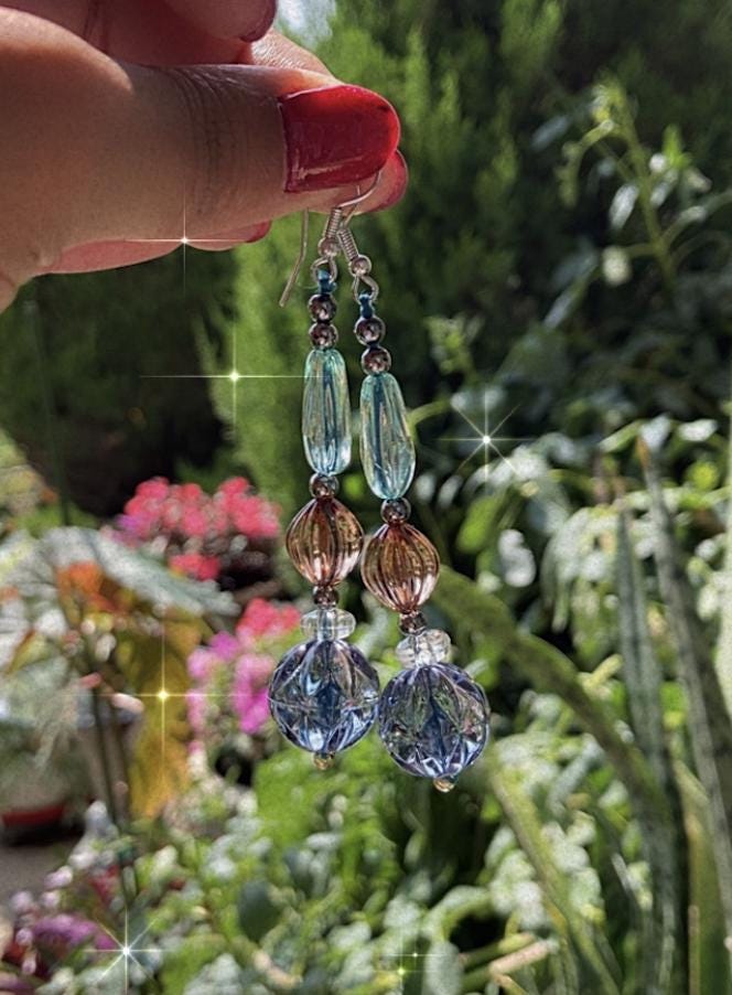 Handmade Blue green periwinkle and brown crystal glass bead teardrop dangle lightweight earrings made of thread and gunmetal details