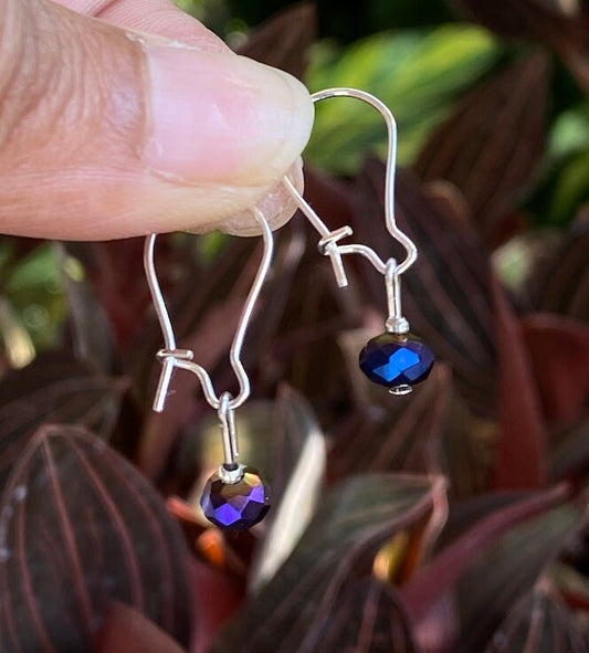 Simple Minimal Handmade witchy oil slick purple jewel bead dangly dainty silver earrings for free spirit travelers