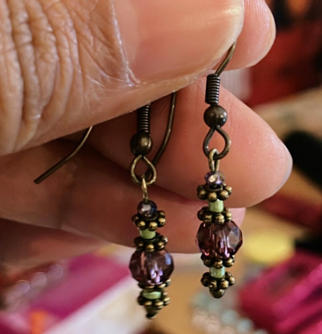 Tiny charmed minimalist earthy bronze green and dusty rose boho pendant bead earrings