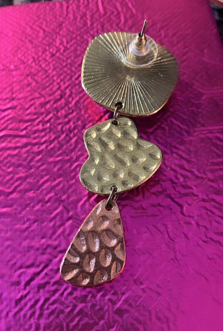 Faux rock gemstone brass asymmetrical statement dangle drop earrings gold with malachite stone crystal tribal dancer jewelry for travelers