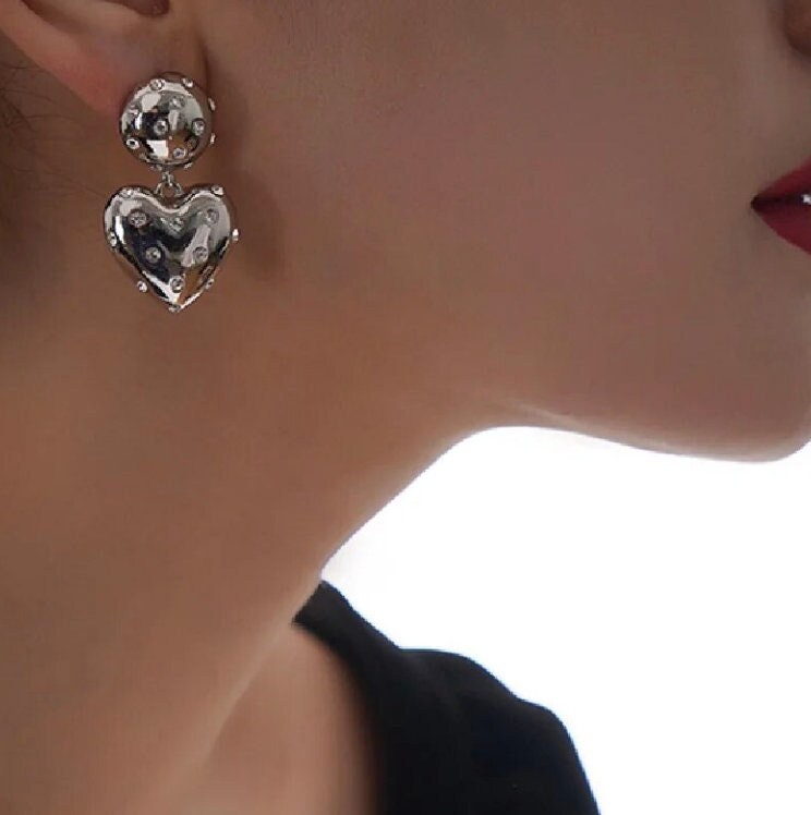 New drop Heart Gatsby Mirror Statement Silver Color Crystal Heart Metal Love Drop Earrings For Women Fashion Jewelry Statement Earrings