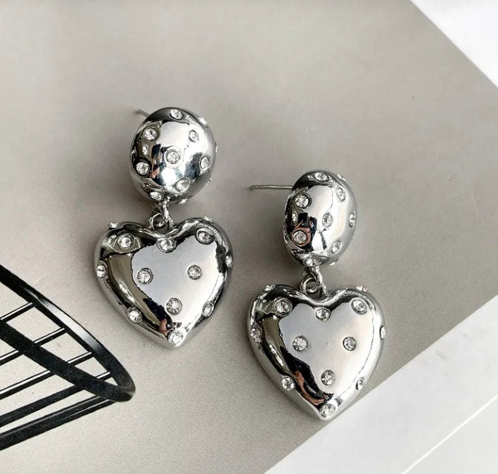 New drop Heart Gatsby Mirror Statement Silver Color Crystal Heart Metal Love Drop Earrings For Women Fashion Jewelry Statement Earrings