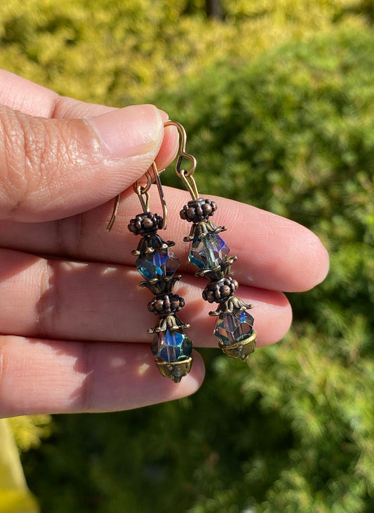 Handmade ancient antique bronze brass ocean blue glass crystal Tibetan tribal Goa India bead mini dangle drop earrings witch boho travelers