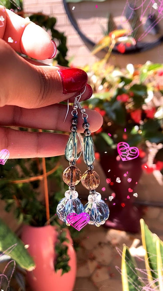 Handmade Blue green periwinkle and brown crystal glass bead teardrop dangle lightweight earrings made of thread and gunmetal details