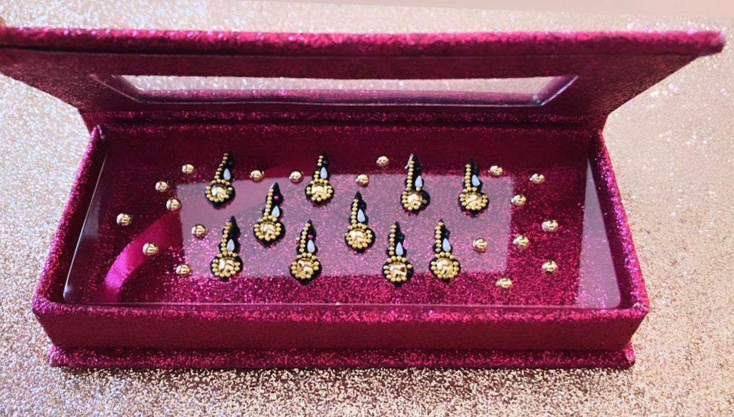 Handmade fortune teller gold and black velvet bead Diwali bindis in a pink glitter box
