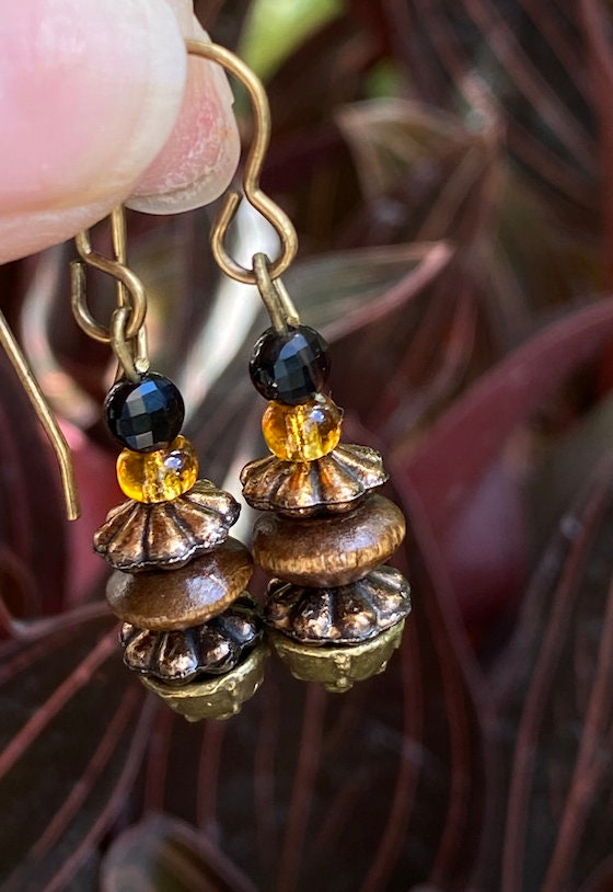 Ancient Handmade small dainty delicate hippie boho ancient archaic wooden bronze bead stone crystal earrings for gypsy heirloom travelers