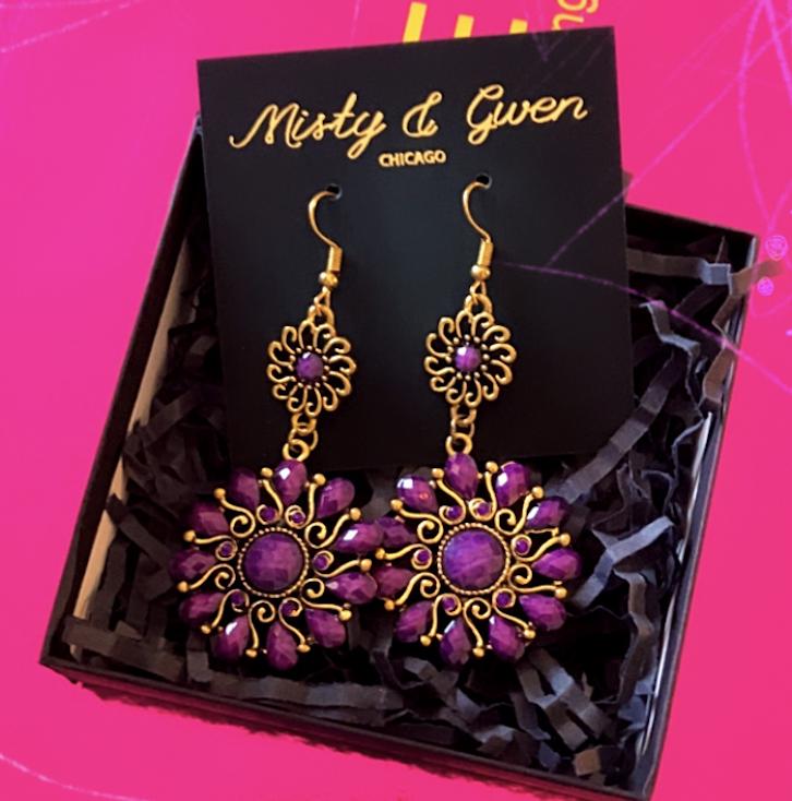 Arabian Nights royal purple stone crystal mandala dangle lotus flower earrings in antique gold bronze