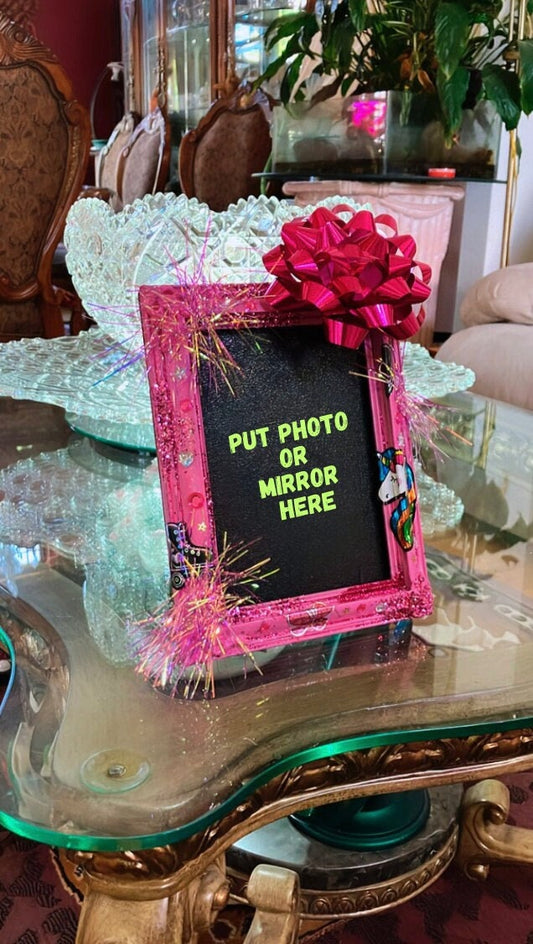 Handmade Maximalist Pink Picture Photo tabletop Barbie Frame glittery recycled colorful ornate wood gold unicorn bow perfect gift 9x7" girls