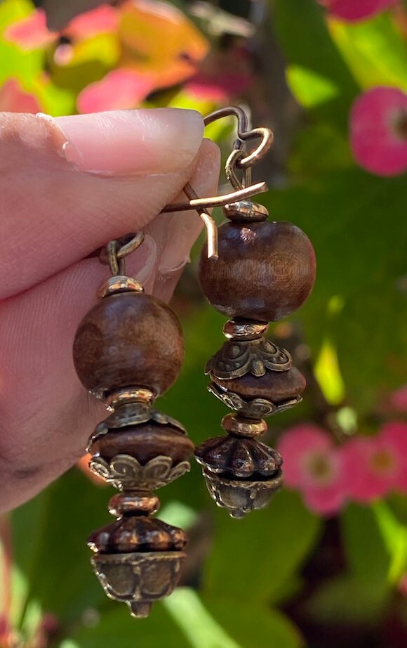 Handmade Tibetan Boho hippie gypsy nature wooden bronze antique gold rustic tribal dangle drop earrings for good luck and for travelers