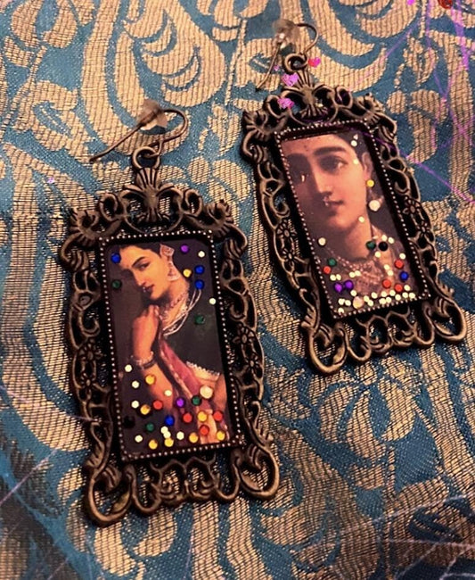 Handmade 1800s regal India Raja Ravi artist folklore printed photo antique picture frame portrait earrings with colorful crystals in bronze