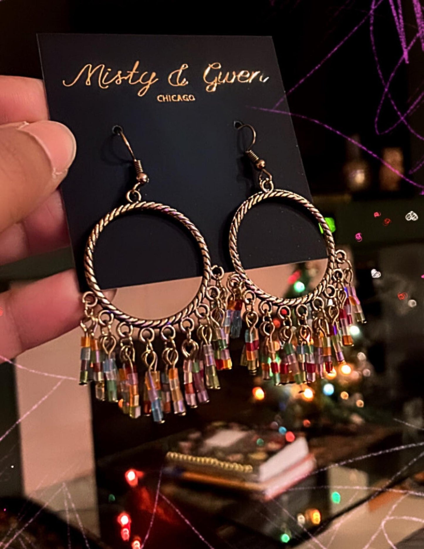 Lightweight chandelier hoop dangle boho earrings in rustic gold and pastel rainbow beads packaged in a cute gift box
