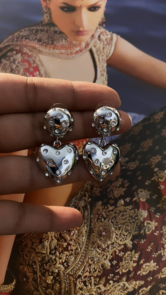 New drop Heart Gatsby Mirror Statement Silver Color Crystal Heart Metal Love Drop Earrings For Women Fashion Jewelry Statement Earrings