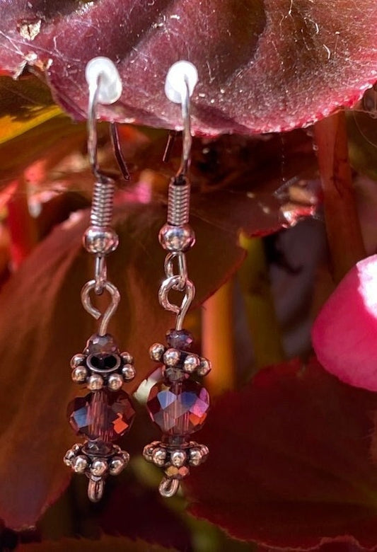 Handmade Mini dainty sparkly Bali minimal dangle drop Indian boho gypsy hippie earrings with dusty rose pink crystal beads for travelers