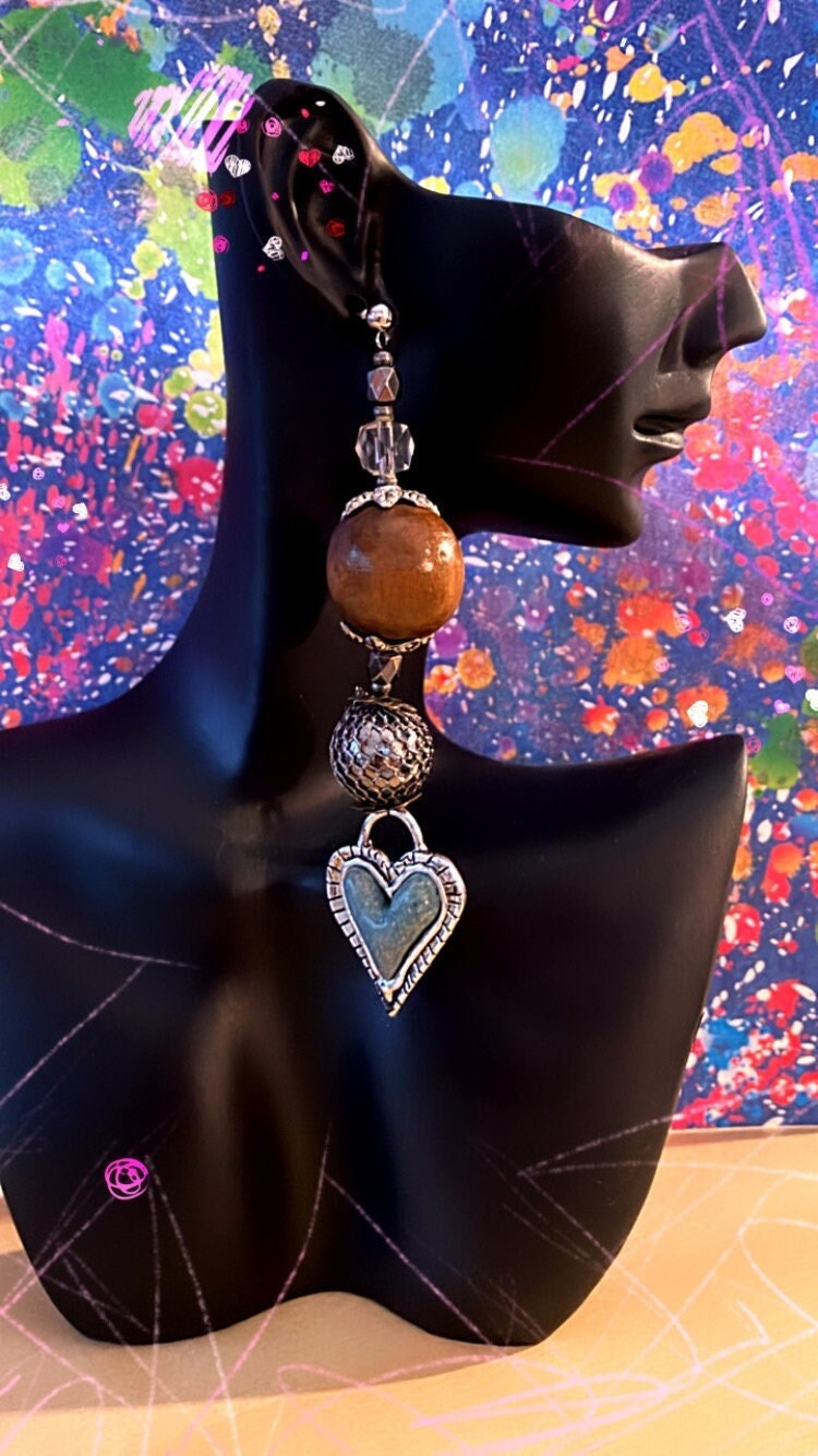 Handmade wooden beads fairytale storybook enchanted turquoise gemstone painter's earrings jewels children for artists (comes in a free box!)