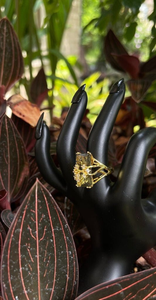 Fortune Teller Yellow gold olive green gemstone diamond rectangle stone crystal gypsy tribal hippie stacking ring floral vine costume jewel