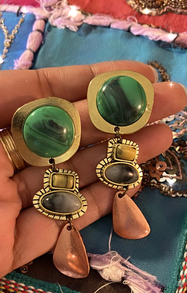 Faux rock gemstone brass asymmetrical statement dangle drop earrings gold with malachite stone crystal tribal dancer jewelry for travelers