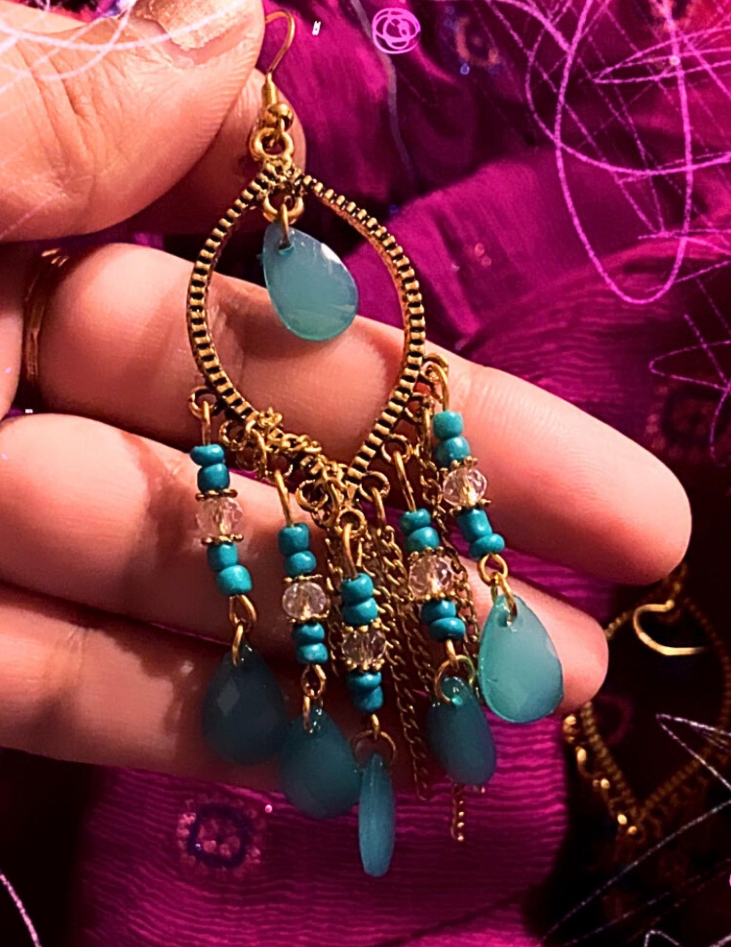 Turkish Renaissance and Classical Era inspired turquoise and gold chandelier lightweight earrings come in a vintage inspired Renaissance box