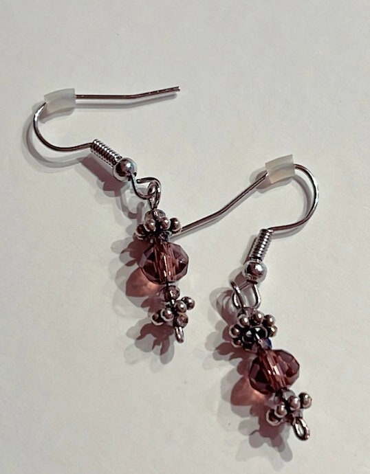 Handmade Mini dainty sparkly Bali minimal dangle drop Indian boho gypsy hippie earrings with dusty rose pink crystal beads for travelers
