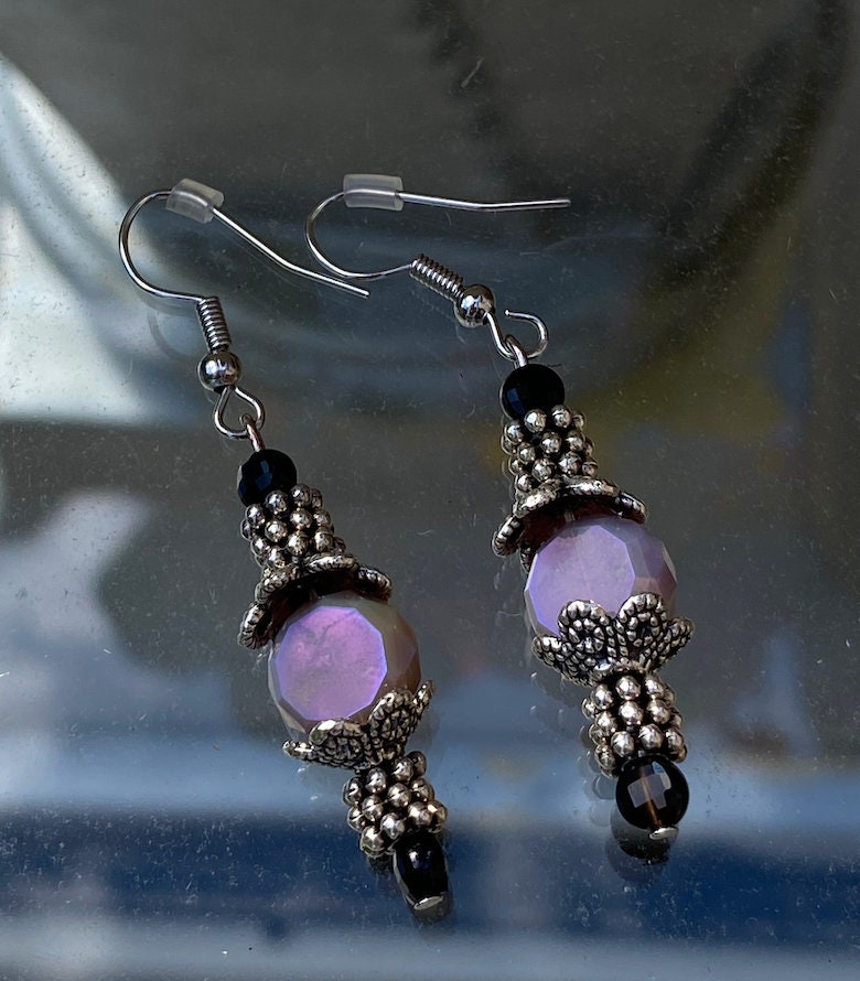 Handmade Traditional Indian boho hippie gypsy dancer dangle drop earrings black lavender purple stone crystal for tribal travelers
