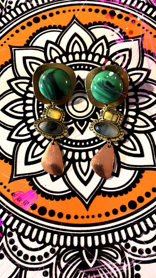 Faux rock gemstone brass asymmetrical statement dangle drop earrings gold with malachite stone crystal tribal dancer jewelry for travelers