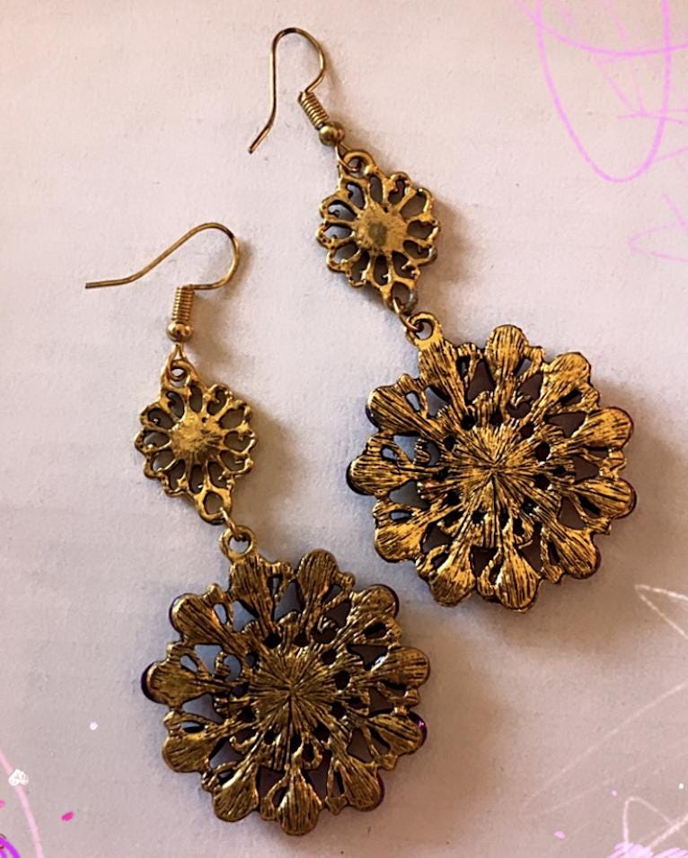 Arabian Nights royal purple stone crystal mandala dangle lotus flower earrings in antique gold bronze