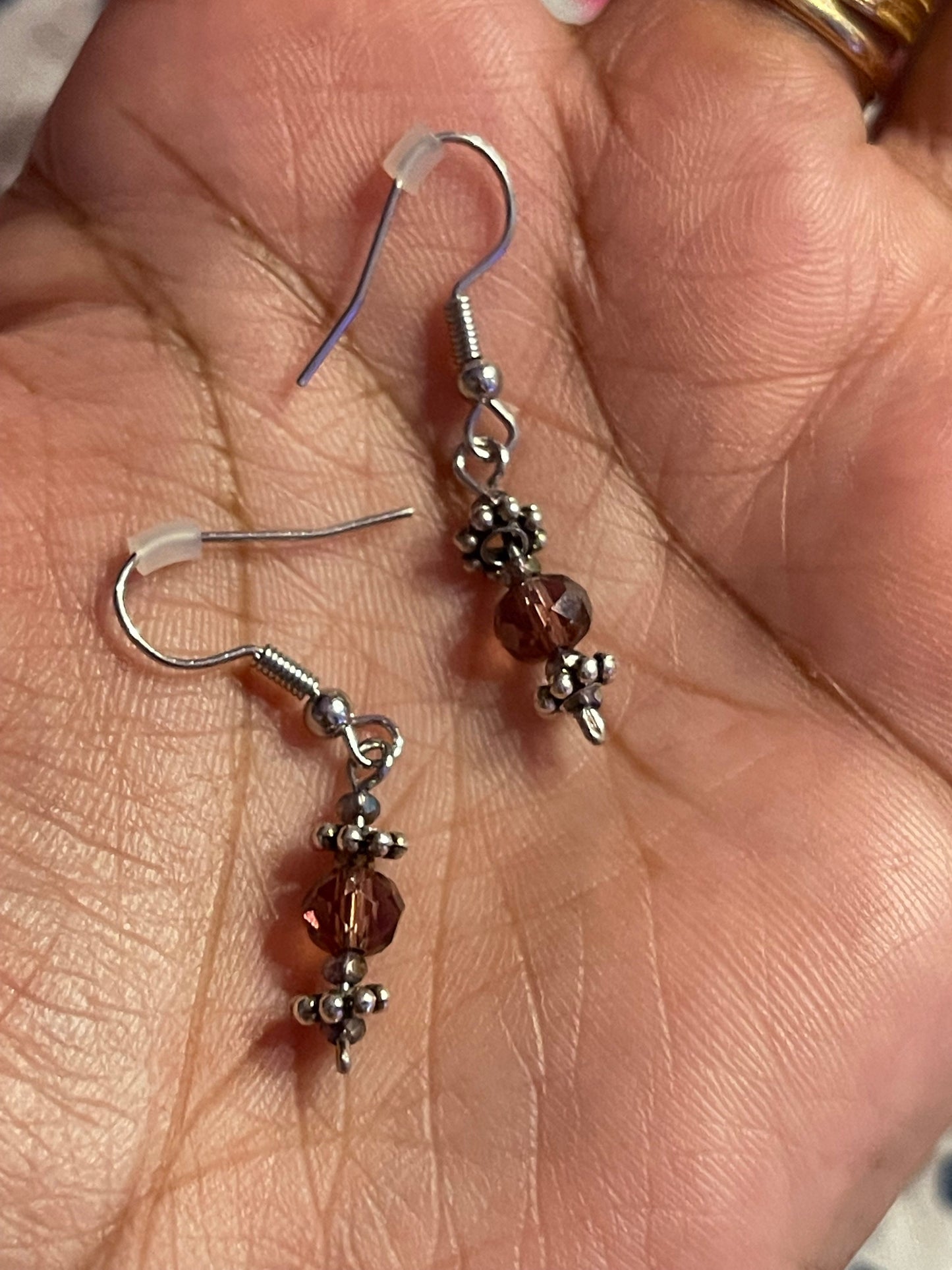 Handmade Mini dainty sparkly Bali minimal dangle drop Indian boho gypsy hippie earrings with dusty rose pink crystal beads for travelers