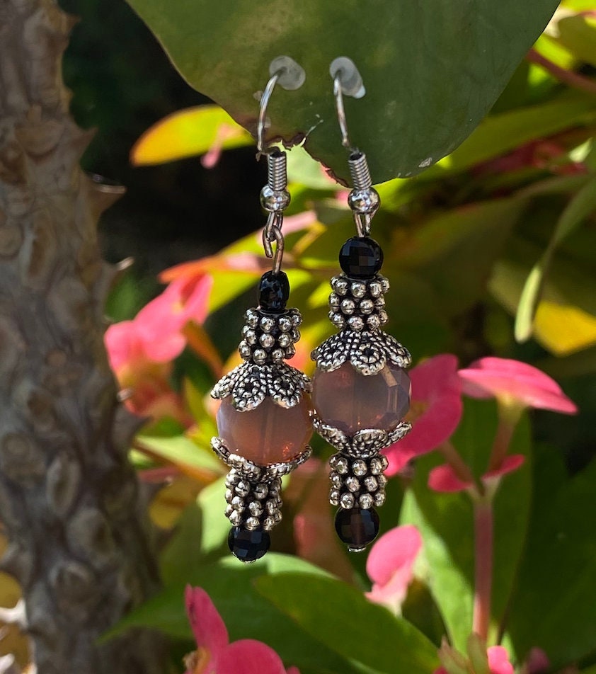 Handmade Traditional Indian boho hippie gypsy dancer dangle drop earrings black lavender purple stone crystal for tribal travelers
