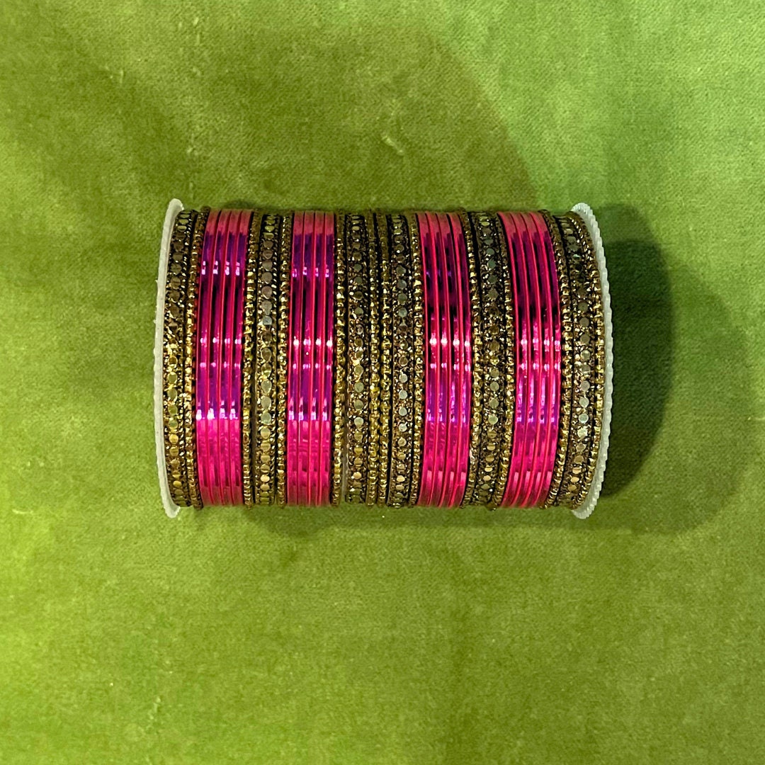 8.5" Gift Box Hot pink India wedding Bangles multi-colored glass gold glitter temple colorful elegant Indian sparkle bangle free shipping