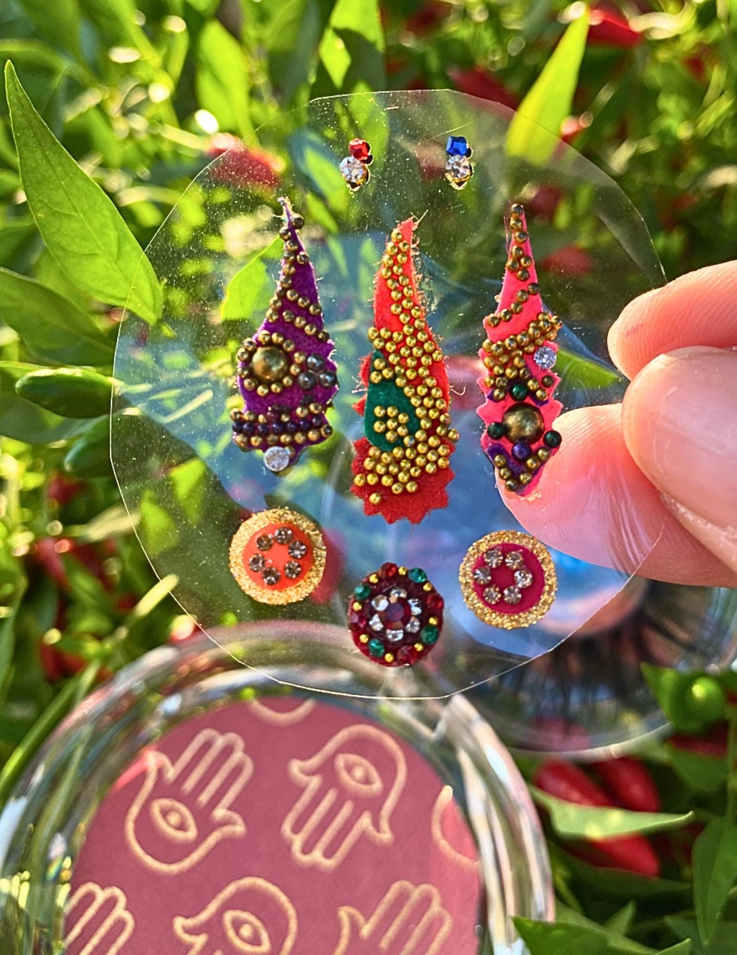 Handmade colorful bindis and lash combo set in clear crystal makeup case reusable faux mink baddie lashes wooden chest box super cute gift