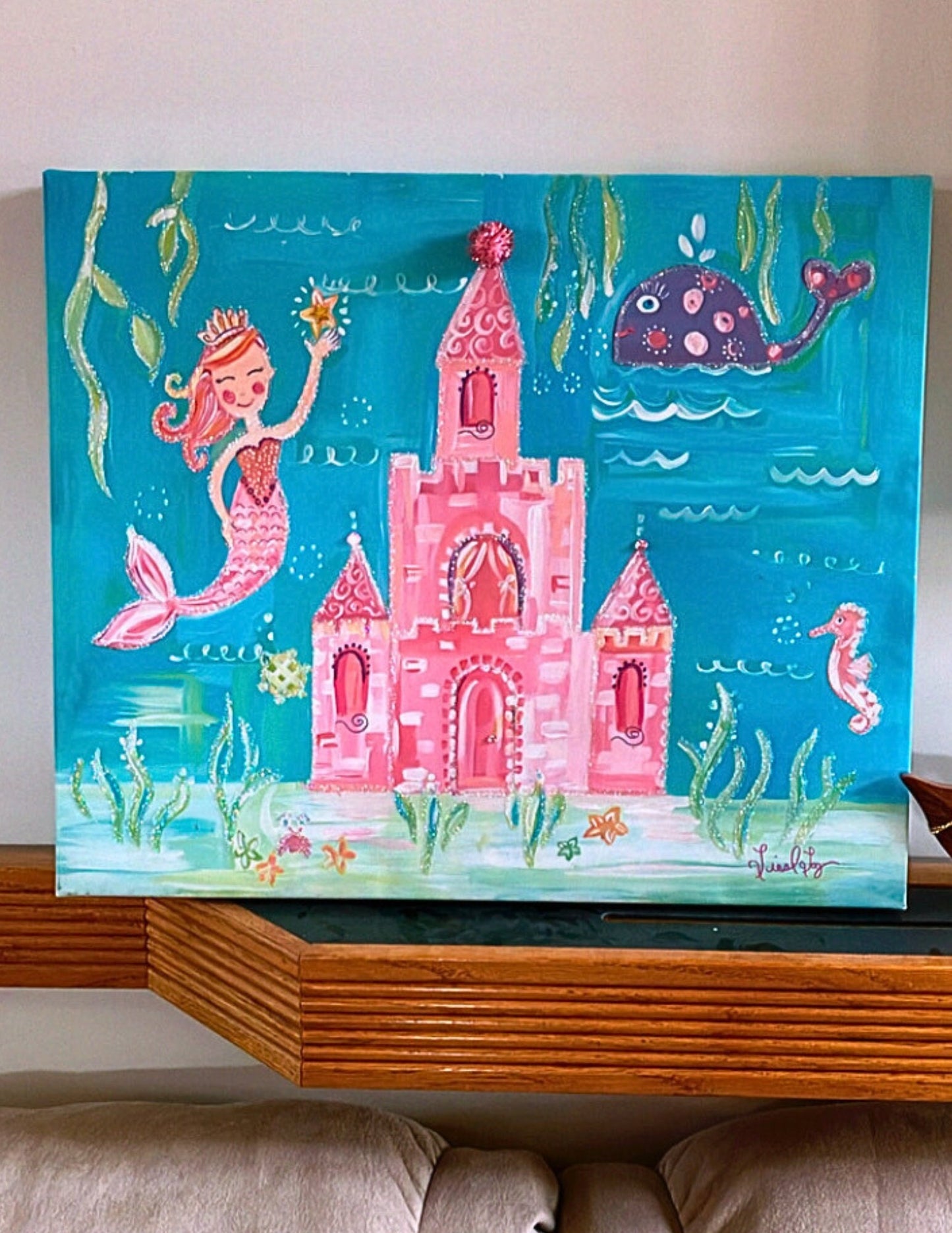 Handpainted PRINTED kids room fairy princess Mermaid Glitter under the sea painting poster free 3D children's book princesses ages 3 and up