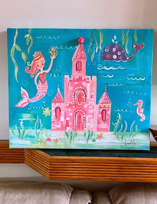 Handpainted PRINTED kids room fairy princess Mermaid Glitter under the sea painting poster free 3D children's book princesses ages 3 and up
