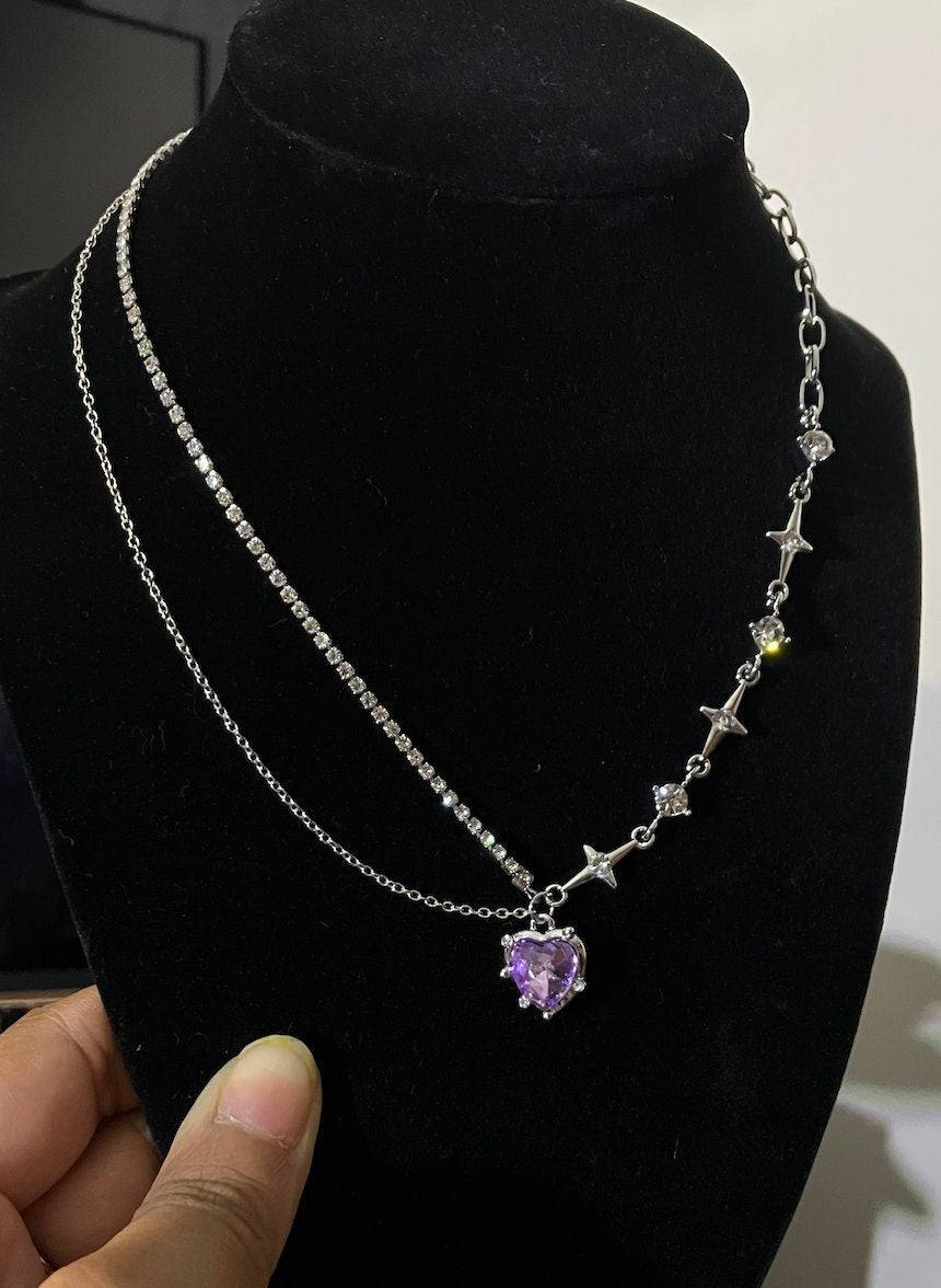 Girly Baddie Purple lavender silver Crystal Heart Necklace Fashion Shiny Chain Necklaces Women pretty Girls New Trendy Gift Jewelry Free