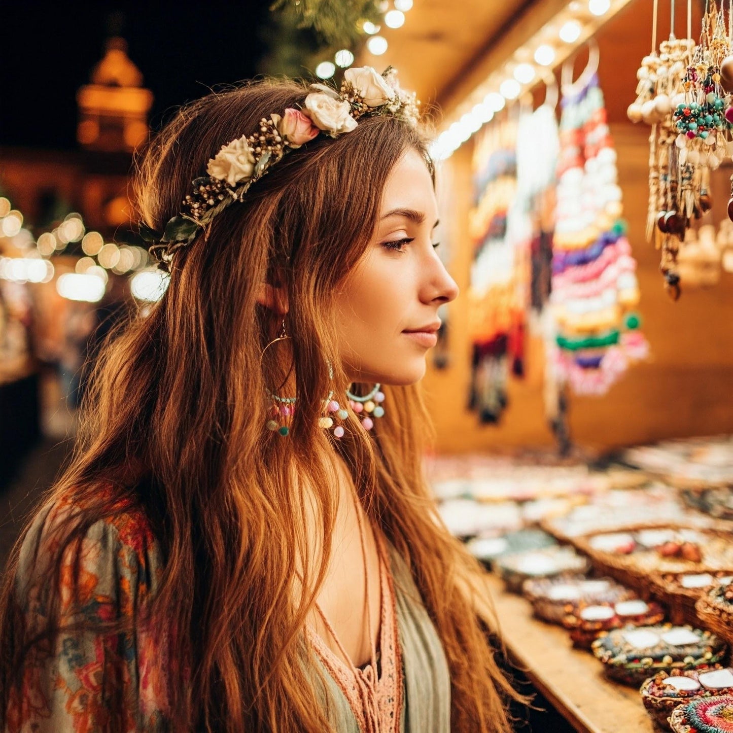 Lightweight chandelier hoop dangle boho earrings in rustic gold and pastel rainbow beads packaged in a cute gift box