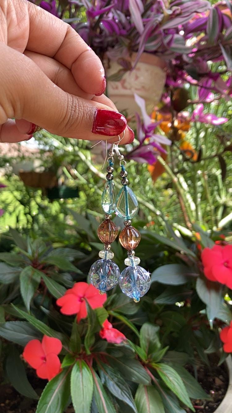 Handmade Blue green periwinkle and brown crystal glass bead teardrop dangle lightweight earrings made of thread and gunmetal details