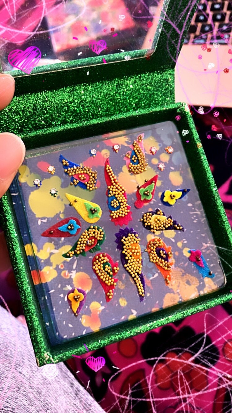 Handmade teardrop colorful Indian bindis velvet and gold beads face and body makeup great for nail art too!