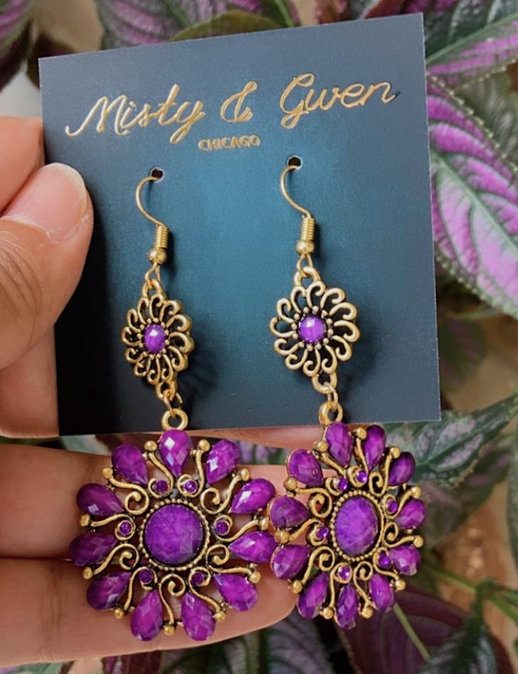 Arabian Nights royal purple stone crystal mandala dangle lotus flower earrings in antique gold bronze