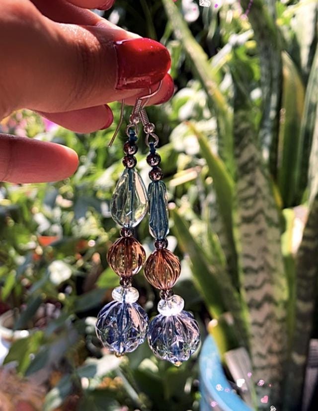 Handmade Blue green periwinkle and brown crystal glass bead teardrop dangle lightweight earrings made of thread and gunmetal details