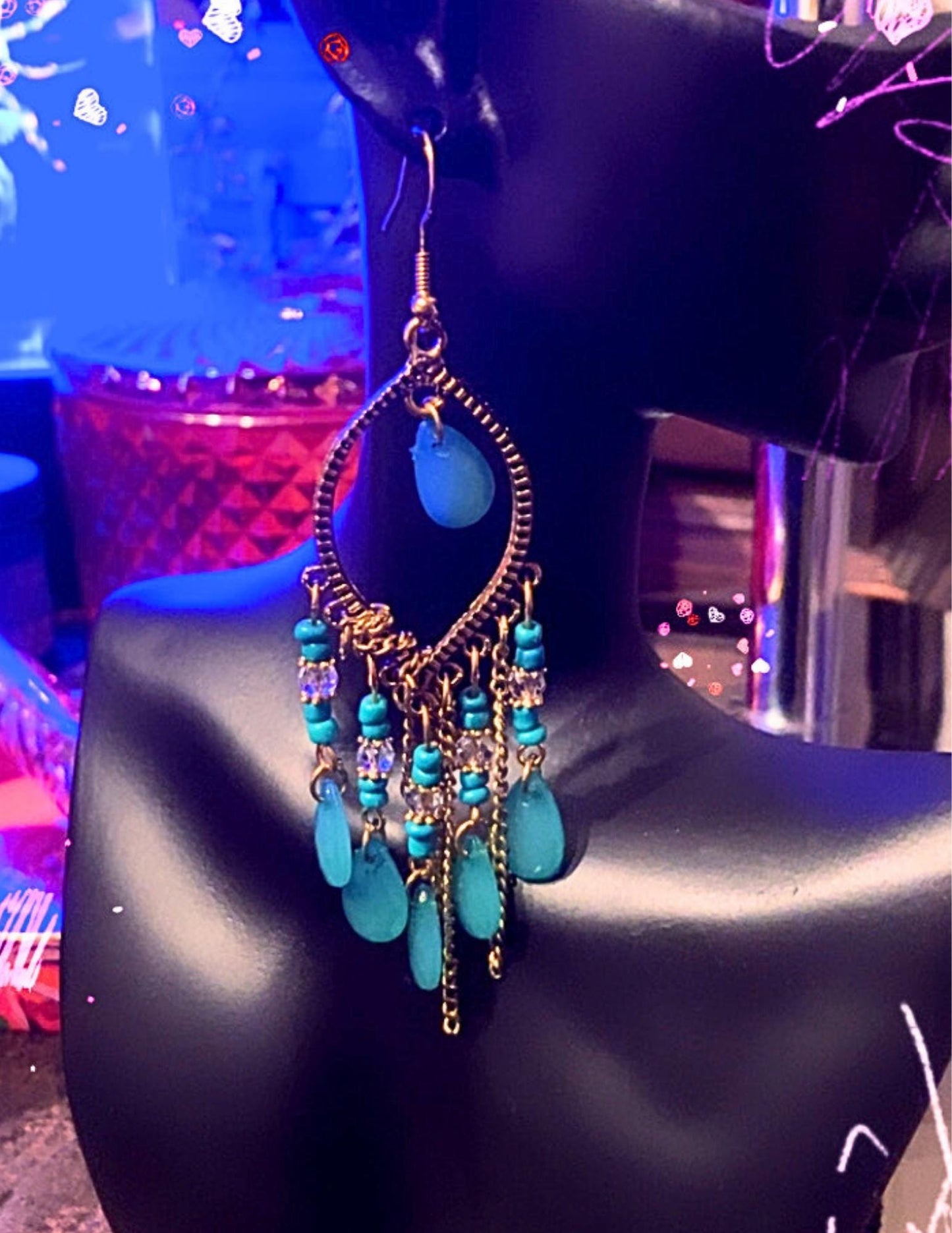Turkish Renaissance and Classical Era inspired turquoise and gold chandelier lightweight earrings come in a vintage inspired Renaissance box