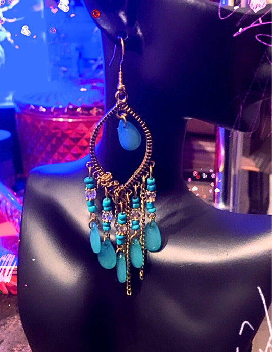 Turkish Renaissance and Classical Era inspired turquoise and gold chandelier lightweight earrings come in a vintage inspired Renaissance box