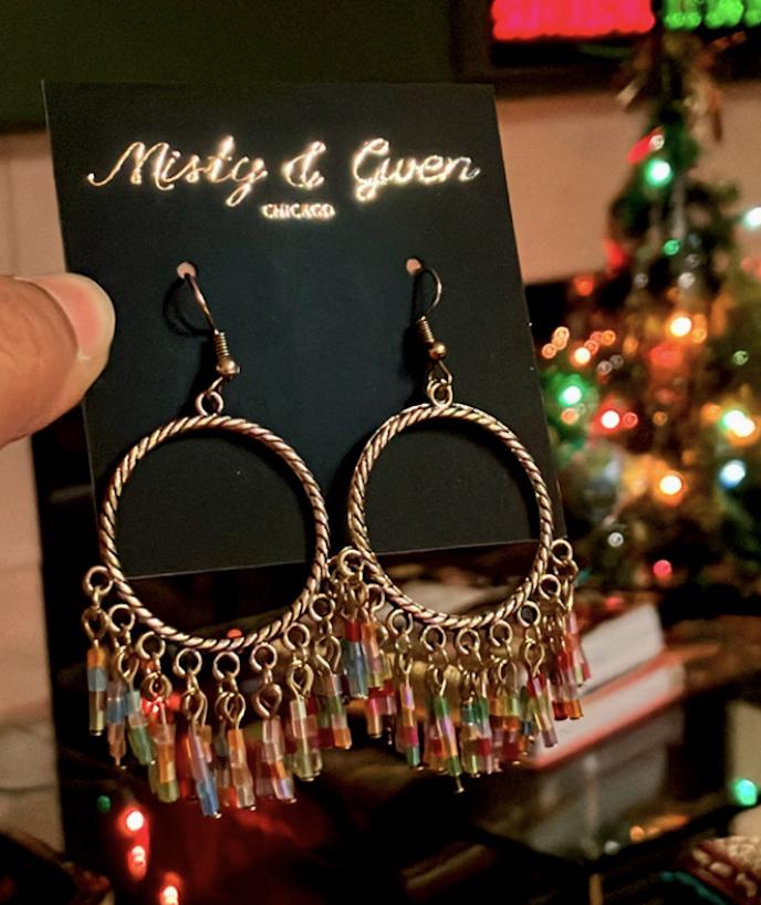 Lightweight chandelier hoop dangle boho earrings in rustic gold and pastel rainbow beads packaged in a cute gift box